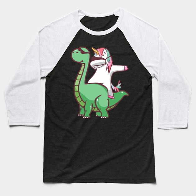 Dabbing Unicorn and Dinosaur Baseball T-Shirt by Xizin Gao